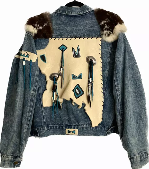 1990's Men Native American Denim Jacket Expressions Faux Fur Leather Fringe