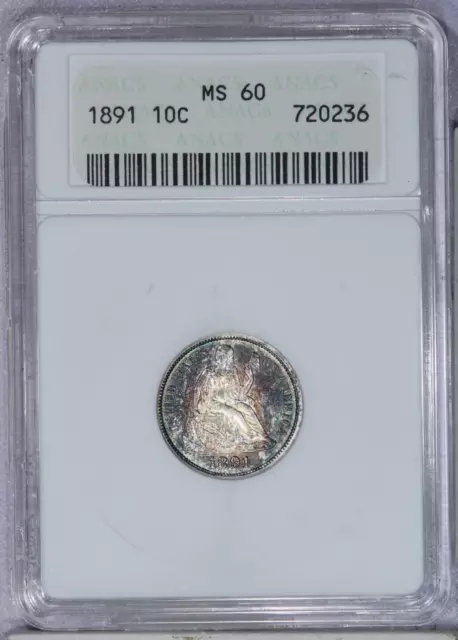1891 Liberty Seated Dime 10c ANACS MS60 - Old Holder Beautifully Toned!