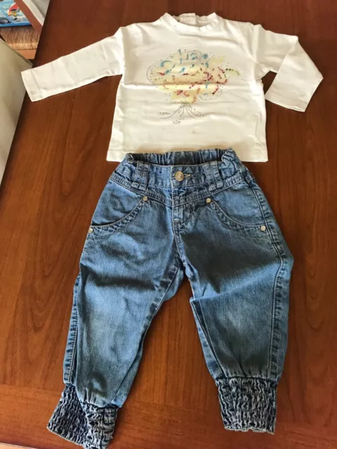 Completo bimba jeans Original Marines e maglietta maniche lunghe Ido 12-24 mesi