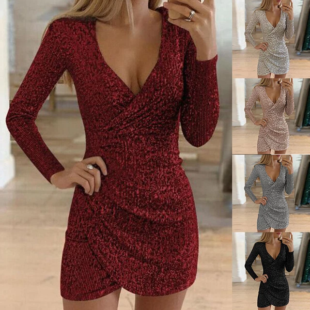 Donne Sexy Mini Abito Paillette Glitter Vestito Aderente Sera Festa Cocktail -