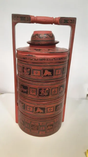 LARGE AUTHENTIC ANTIQUE 4 Tier BURMESE Lacquered  Food Container