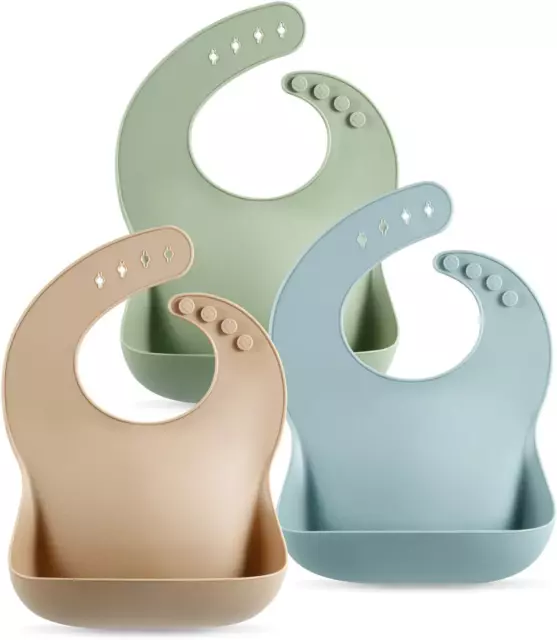PandaEar Set of 3 Cute Silicone Baby Bibs for Babies & Brown/Blue/Green