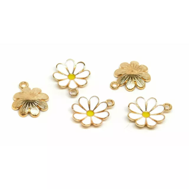 5 White Flower Charms - Enamel + Gold Plated - Trees/Plants - 19mmx16mm - P00652