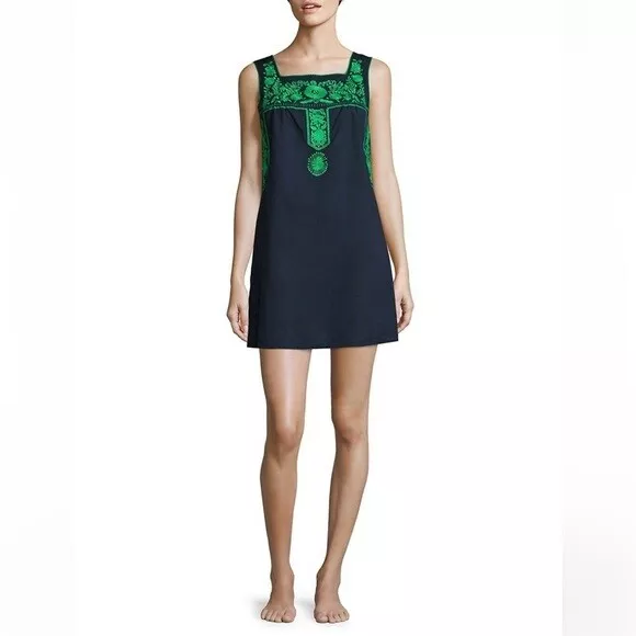 Women's Tory Burch  Amira Navy Green Embroidered Sleeveless Mini Dress Size M