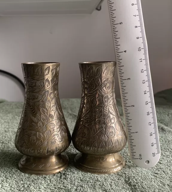 Two Vintage Indian Engraved Brass Vases
