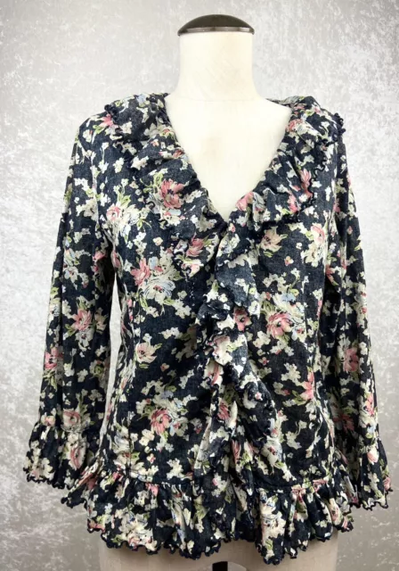 LRL Lauren Jeans Co Womens Black Floral Cotton Ruffled Blouse Top Shirt Large