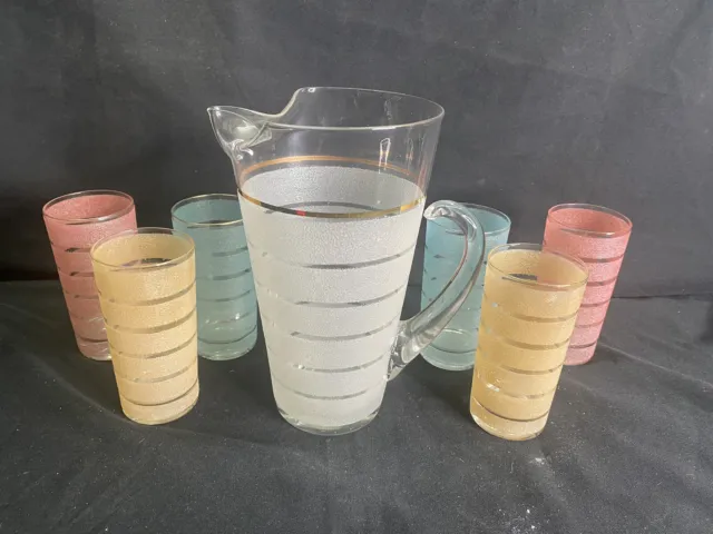 Mid Century Modern Frosted Glass Pitcher and 6 multi color Tumbler Set Vintage