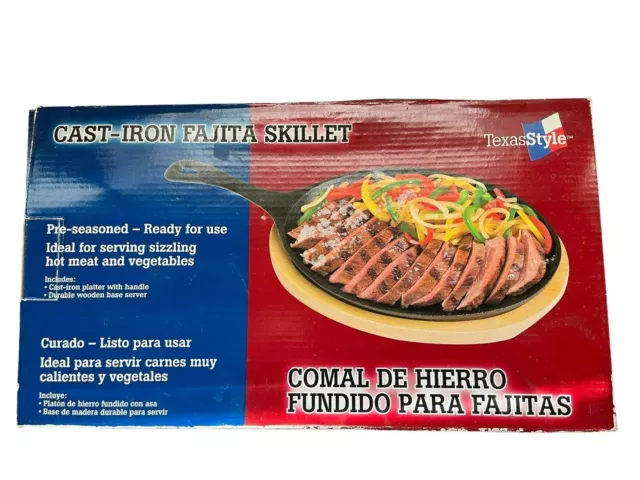 Cast Iron Pan Grill Server Fajita Skillet Texas Style Wooden Base Pre-Seasoned