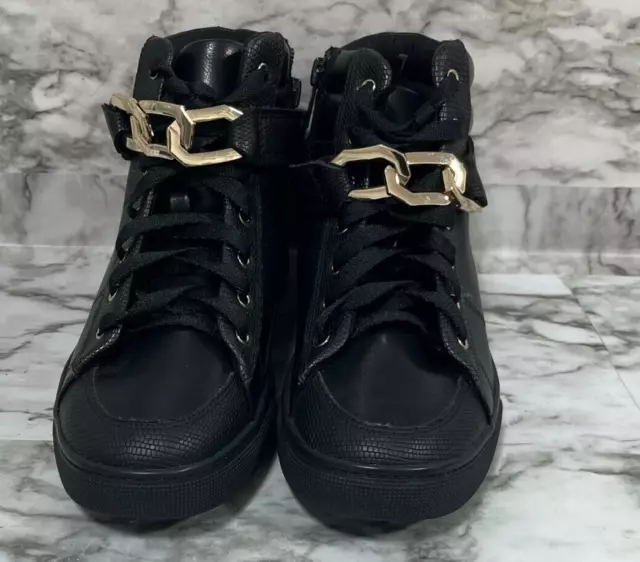 ALDO SNEAKERS WOMENS 7 Black High Top Lace Side Zip Chunky Gold Chain ...