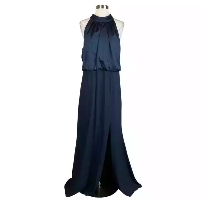 Adrianna Papell Women's Formal Dress Blue Satin Crepe Sleeveless Gown Size 14