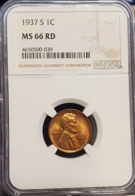 1937 S  Lincoln Head Cent  NGC  MS66 RD   Blazing Red Wheatie