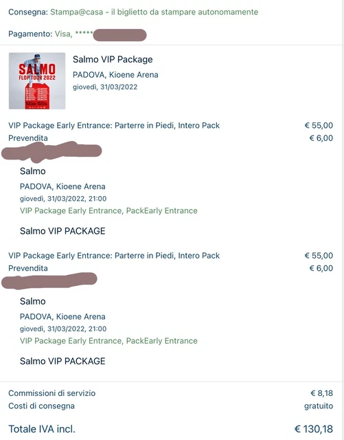 2 Biglietti SALMO Flop Tour 22/11/22 Padova, Kioene Arena - VIP PACK - PARTERRE