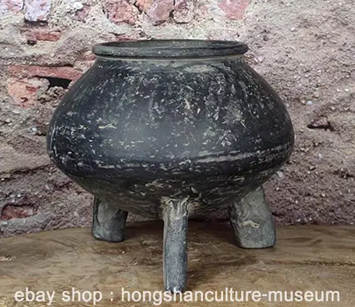 7.2" Old China Ancient Neolithic Majiayao Culture Black Pottery 3 Leg Round Ding