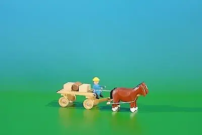 Miniatur Gespann Lattenwagen in natur mit Pferde , Ladung: 2 Kisten, 1 Fass Läng