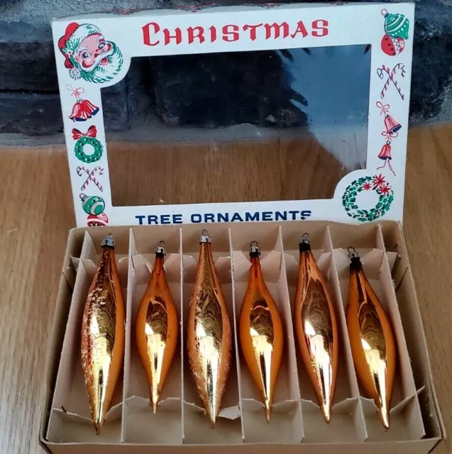 Set of 6 Christmas GOLD VTG Tree Ornaments Poland Glass teardrop  5"