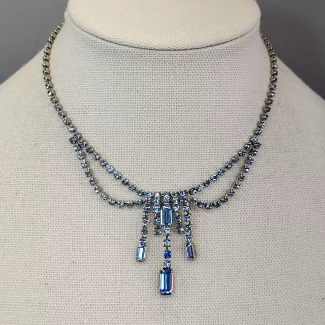 Vtg Rhinestone Necklace Blue Fringe Baguettes Round Glass Silver Tone Cup Chain