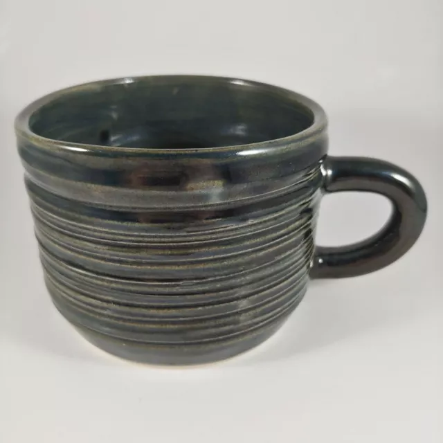 HANDMADE Signed Dark Gray Blue Green Rustic Striped Pottery Coffee Mug Cup 12oz