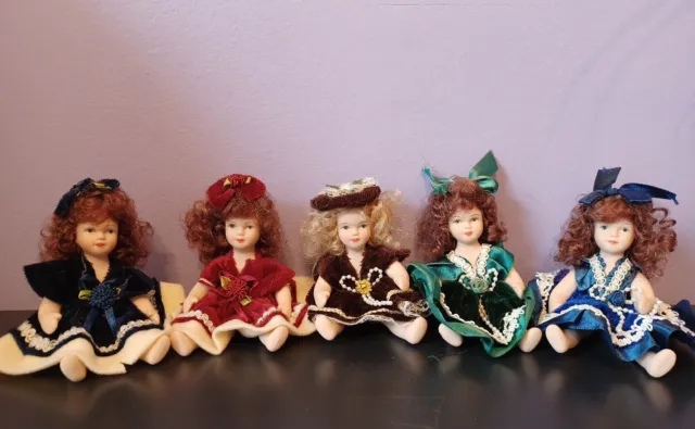 5 Porcelain Dolls Mini  5" Winter Holiday Dresses Victorian Beauty -  Christmas