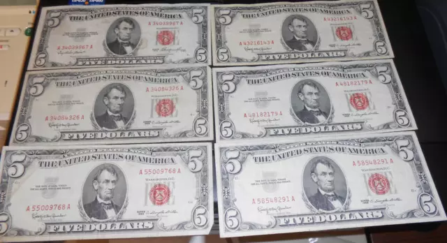 6 - $5 RED SEAL NOTES - XF - (1) 1953 and (5) 1963