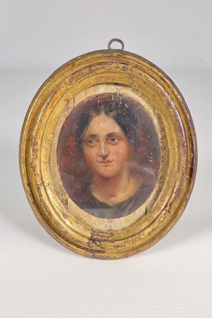 Portrait Miniature Ancien - Élégante Jeune Femme Avec Son Poney - Art Vintage Occasion