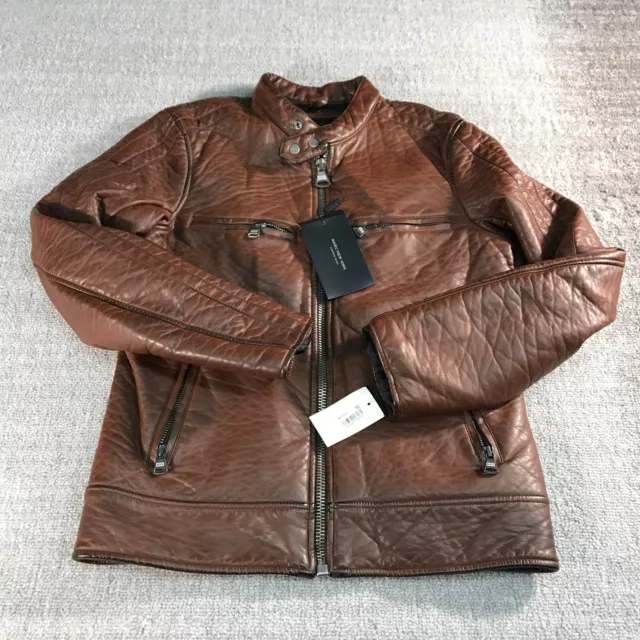 Andrew Marc Leather Jacket Mens Small Motorcycle Faux New York Brown Biker