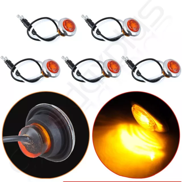 5pcs 3/4" Trailer Bullet Side Marker Amber Light Chrome Bezel Rubber Grommet New