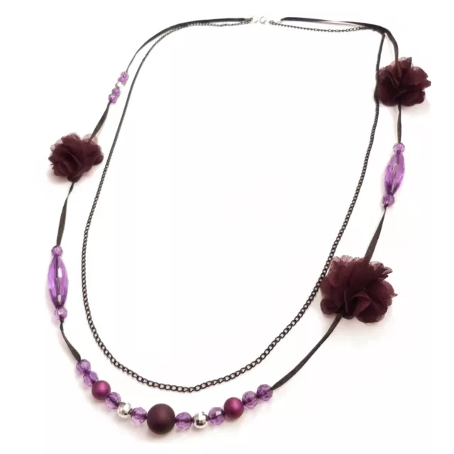 Collier femme sautoir satin noir chaine perles fleurs tissu violet