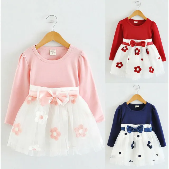 Toddler Dresses Tulle Flower Long Bow Baby Sleeve Girls Clothes Patchwork Kids