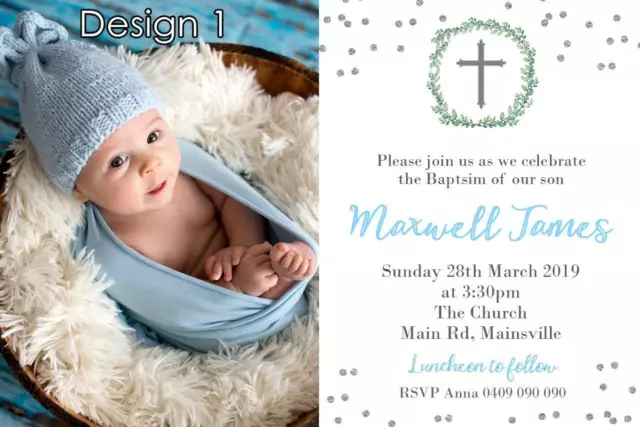 'You Print' Baptism Christening Boys Invite Invitation Party Photo Blue Gold 2