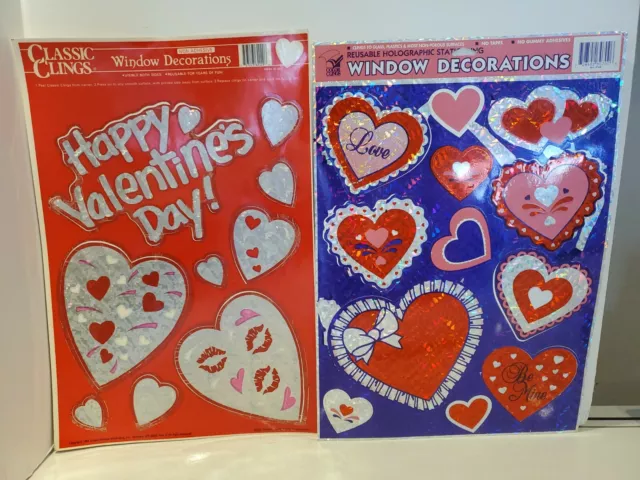 Vintage Valentine Window Clings Made In USA Color Clings Holographic 1990s Set 2