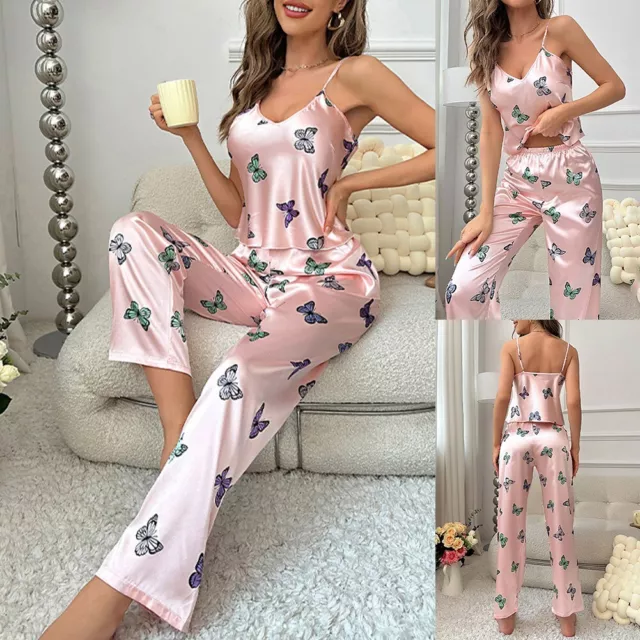 Ensemble pyjama imprimé papillon en soie imitation pour femmes vêtements de nu