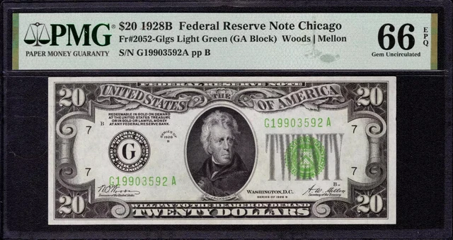 1928 B $20 FEDERAL RESERVE NOTE CHICAGO fr.2052-Glgs PMG GEM UNC 66 EPQ (592A)