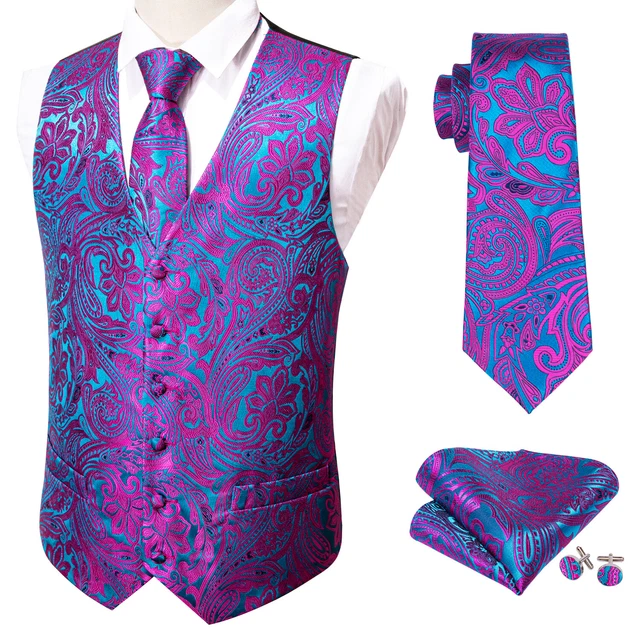 <Top-seller> Cravatta gilet da sposa da uomo viola blu paisley floreale 4XL
