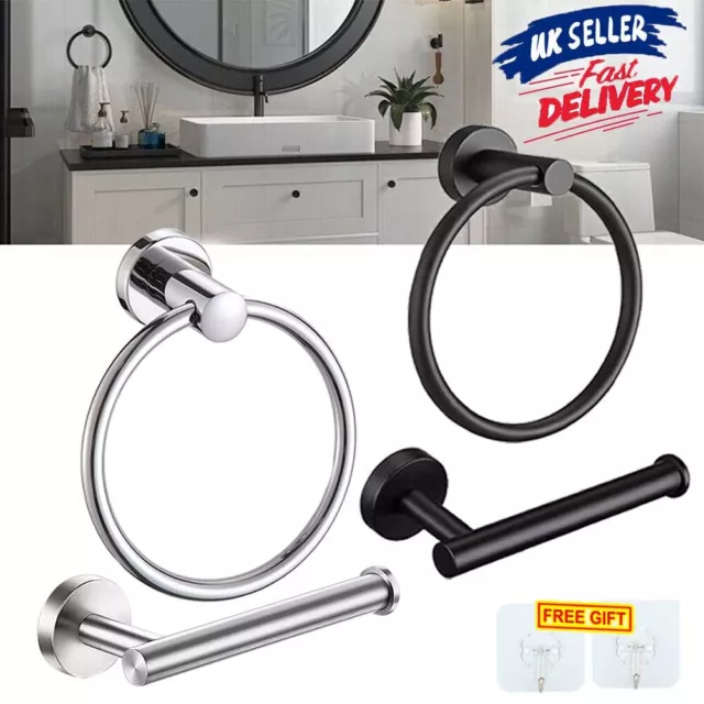 Stainless Steel Toilet Roll Holder and Towel Ring Set Bathroom Wall Mounted UK