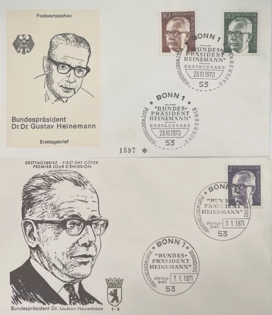 Bund BRD 1970/1971 Nr. 636, 637, 645 Ersttagsbrief / 2 FDC " Gustav Heinemann "