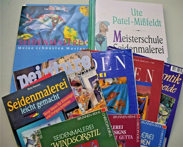 Pinturas de seda pintura de seda 9 libros y carpeta con plantillas de patrones, raras