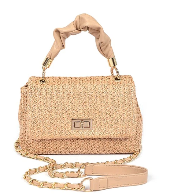 Hand Bag Soft Vegan Leather Handle Faux Straw Purse Gold Chain Crossbody Clutch