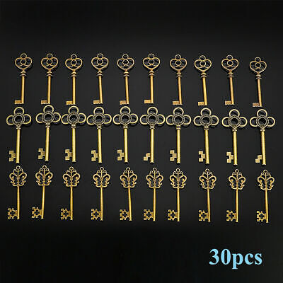 30X Antique Vintage Old Look Bronze Skeleton Keys Fancy Heart Bow Pendant Decor