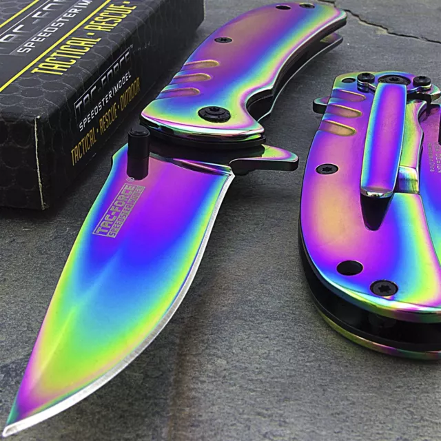 6.25" TAC FORCE RAINBOW TITANIUM SPRING ASSISTED FOLDING POCKET KNIFE EDC Open