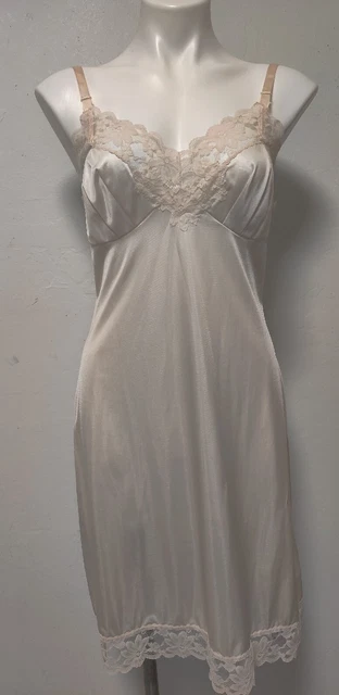 Vintage Pale Peach Silky Sexy Full Dress Slip Gloss Nylon Lace Trim USA Size 36