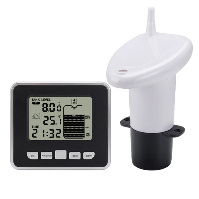 Ultrasonic Tank Liquid Depth Level Meter w/Temperature Alarm Water Level Gauge