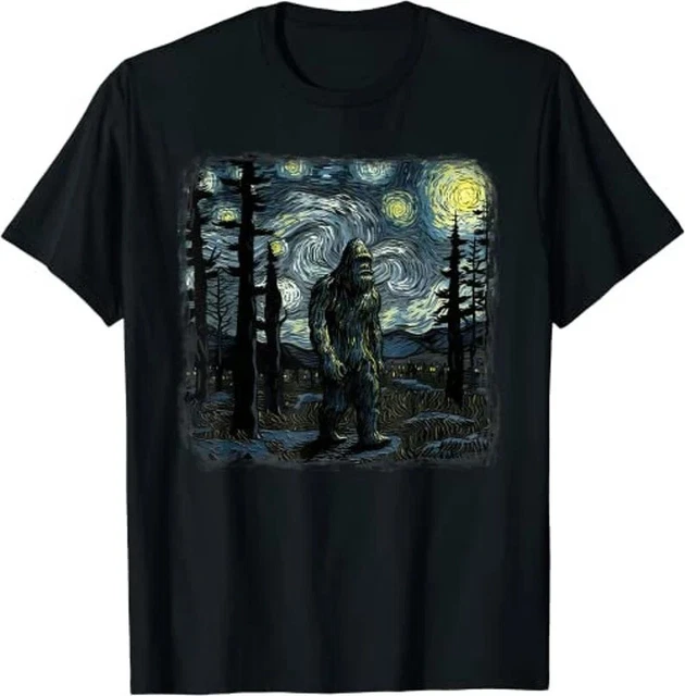 Bigfoot Starry Night Sasquatch Van Gogh Sky Painting Art T-Shirt