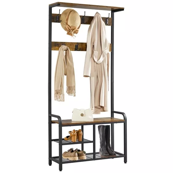 Industrial Coat Stand Rack with Hooks & Shoe Bench Free Standing Hall Tree Brown