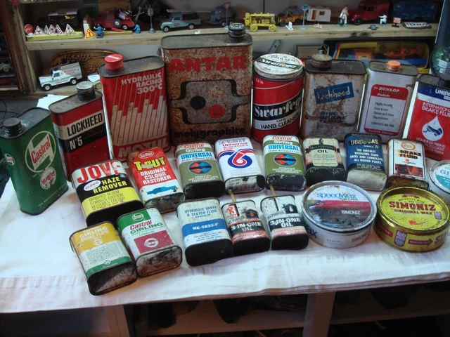 24x oil automobilia cans tins vintage joblot collection garage find man cave