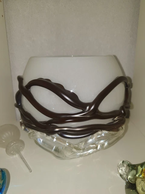 Vaso in vetro a sfera bianco e marrone molto pesante