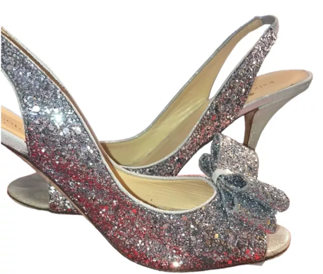 Kate Spade New York Womens Bow Charm Silver Glitter Slingback Heel Pump Size 8.5
