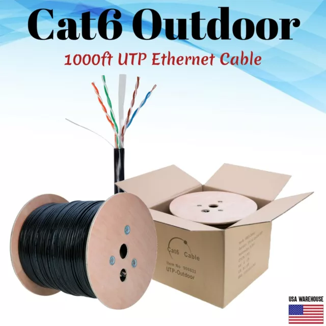 1000ft Cat6 Outdoor Ethernet Cable UV Rated 23AWG UTP Solid Direct Burial Black