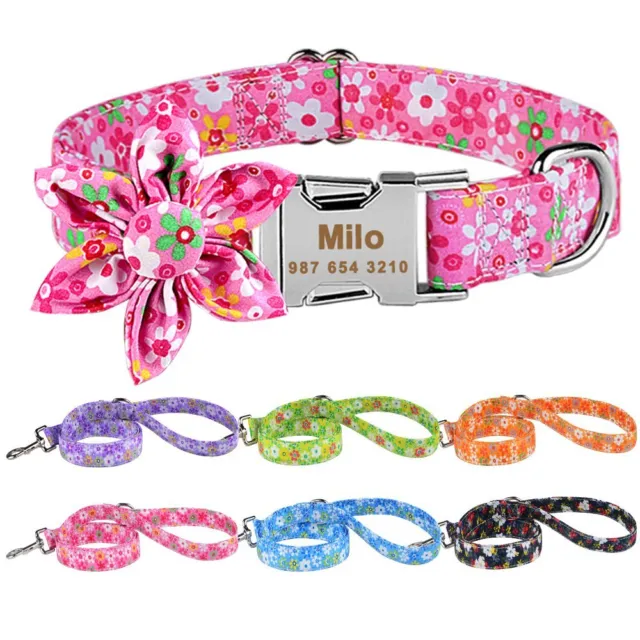 Floral Personalised Dog Collar and Lead Leash Birthday Engraved Name Small Large