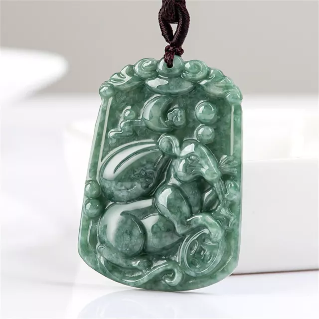 Natural Jadeite Carved Chinese Zodiac Rat Animals Pendant Amulet Necklace Gift