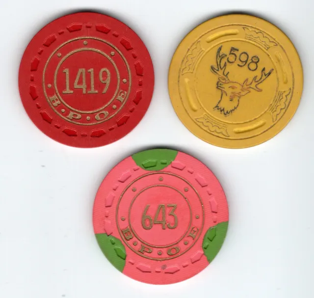 BPOE Elks Clubs $5 Gaming Chips - Lot of 3